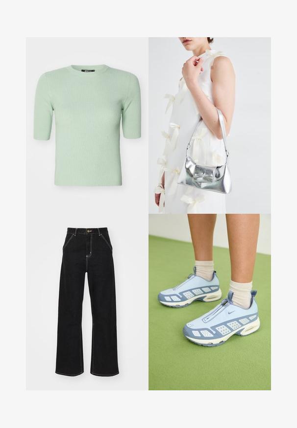 Világoszöld, bordázott kötésű, rövid ujjú felső, kerek nyakkivágással. Puha tapintású és illeszkedő fazonú, alkalmas hétköznapi viseletre. A márkás címke jól látható.; Fekete, széles szárú farmernadrág, kontrasztos fehér varrással és elülső gombos záródással, két ferde elülső zsebbel.; Világoskék sportcipők fehér díszítéssel, texturált panelek és cipzáras záródás. Jellemzője a látható légpárnás talp és a gumitalp.; Ezüst fémes kézitáska, struktúrált formával, felső fogantyúval és masnis részlettel az elején. Simaságával és fényes felületével tűnik ki.