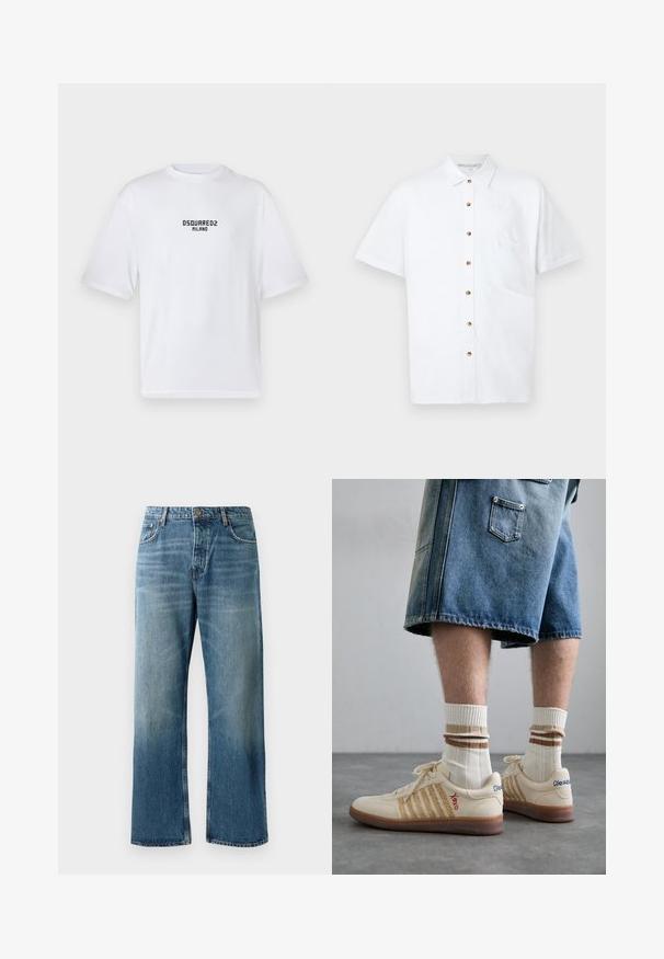 White cotton t-shirt with a crew neckline and short sleeves. Features a black printed logo reading "DSQUARED2 MILANO" on the chest.; White short-sleeve shirt made of linen, featuring a button-front closure, a chest pocket, and wooden buttons for accents.; Light blue wide-leg jeans with a faded wash, featuring single-button closure, five pockets, and contrasting stitching.; Beige retro sneakers with brown rubber sole, featuring striped accents and embroidered logos. Worn with white socks, striped brown detail.