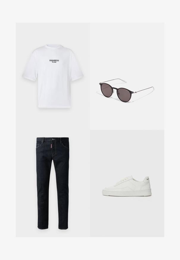 White cotton t-shirt with a crew neckline and short sleeves. Features a black printed logo reading "DSQUARED2 MILANO" on the chest.; Dark blue denim jeans with a slim fit, featuring a button closure, five pockets, and contrasting yellow stitching on the seams.; White leather sneaker with a smooth finish, round toe, flat laces, and a textured sole. Features a subtle logo on the heel.; Black round sunglasses with dark lenses and slim metal arms. Includes clear temple tips and silver accents at the hinge. Minimalist design.
