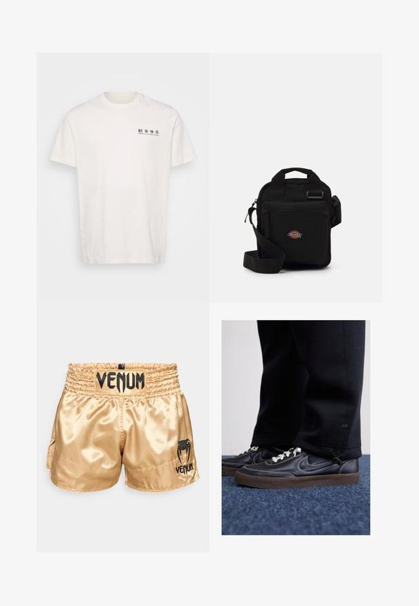 Bílý bavlněný tričko s kulatým výstřihem, krátkými rukávy a potiskem černým písmem na přední straně. Jednoduchý design, standardní střih.; Zlaté saténové boxerské šortky s černým logem "VENUM" na pásku a po stranách, s hladkým povrchem a elasticitou pasu pro pohodlí.; Nike Sportswear KILLSHOT 2 LTR PRM OPP2 - Tenisky - black sail baroque brown mtlc dk grey; Černá crossbody taška se zipovou kapsou, obdélníkový tvar, vyrobená z látky, s logem na přední straně, nastavitelné ramenní popruhy.