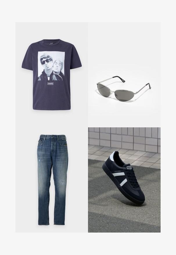 Tumed sinine puuvillane T-särk, millel on suur graafiline trükk kahe mehe figuuriga. Tekst "oasis" on pildi all keskel. Lühikesed varrukad, ümber kaelus.; Denim teksad, millel on pleekinud sinine värv, sirge jalgade disain, mõõdukas kulumine ees ja klassikaline viie-tasku stiil.; Must have musta sneaker musta valgete triipudega, tekstuurne kummitald ja nööridega esiosa. Omab bränditud märki keele peal.; Prillispid prillid, millel on peen hõbedane metallraam, hallid toonitud läätsed ja aerodünaamiline disain, millel on teravad servad ja õhukesed varred.