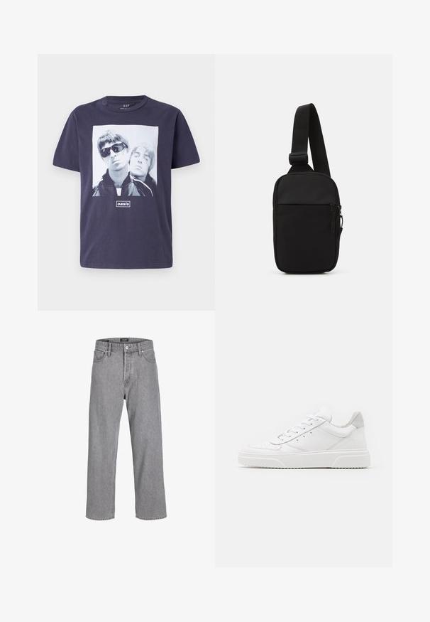 Tamno plava pamučna majica s velikim grafičkim otiskom dva muška lika. Tekst "oaza" je centriran ispod slike. Kratki rukavi, okrugli izrez.; Sive traperice s opuštenim, širokim krojem. Imaju tradicionalni dizajn s pet džepova i kopčanje gumbom na struku.; Bijele kožne tenisice s glatkom površinom, okruglim vrhom, ravnim vezicama i strukturiranom potplatom. Sivi antilop naglasak na peti.; Crna torba preko tijela napravljena od izdržljive tkanine, s jednim podesivim remenom, glavnim odjeljkom na patentni zatvarač i prednjim džepom.