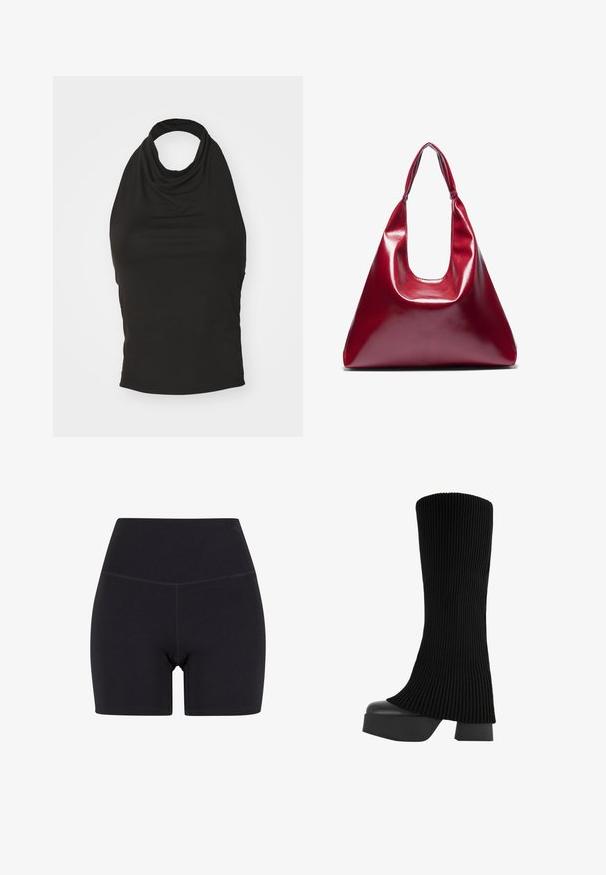 Top halter negru, fabricat dintr-un material moale, cu un decolteu drapat și o siluetă ajustată. Fără modele sau accente vizibile.; Pantaloni scurți negri cu talie înaltă, confecționați dintr-un material elastic. Au un brâu elastic, o textură netedă și o lungime până la mijlocul coapselor, cu un design fără cusături.; Botine negre, până la genunchi, cu un upper din material texturat, talpă platformă masivă și toc pătrat, având o textură netedă și un design modern, elegant.; Geantă din piele roșie lucioasă, cu o formă triangulară, deschidere largă în partea de sus și un singur mâner curbat. Textură netedă cu detalii minime de coasere.