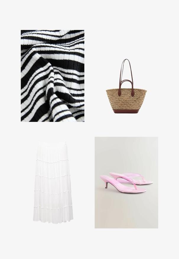 Sort og hvidt stribet stof med en ribbet tekstur; skiftevis brede og smalle striber skaber et dristigt mønster.; Hvid lagdelt nederdel lavet af let stof, med en strækbar talje, voluminøse lag og et svævende design, der går til midt på læggen.; Rosa hæle sandaler med en blank finish, der har et thong rem design og en slank metallisk hæl. Glat texture og minimalistisk stil.; Vævet strå tote taske med flettet tekstur, mørkebrune læderhåndtag og bund, bred cirkulær form og åben topdesign.
