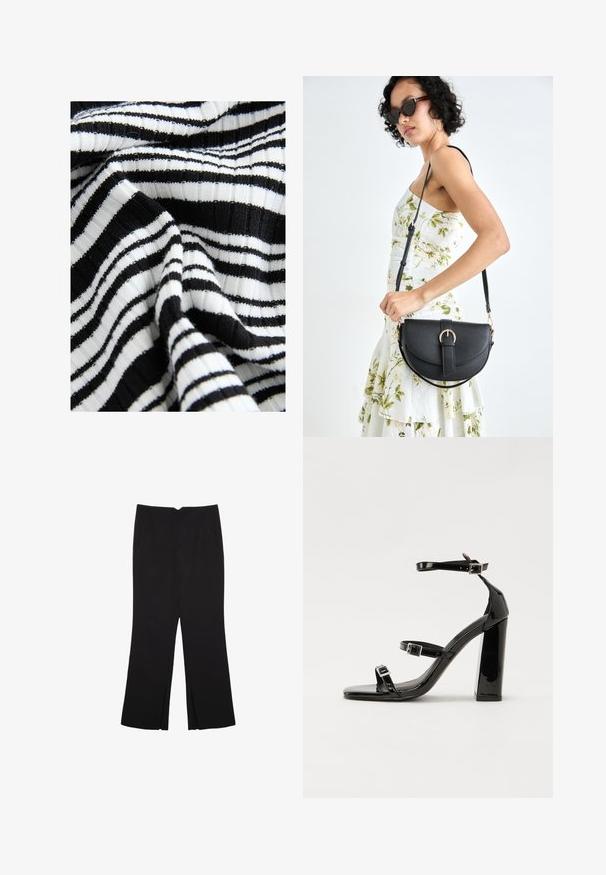Sort og hvidt stribet stof med en ribbet tekstur; skiftevis brede og smalle striber skaber et dristigt mønster.; Sorte bukser med lige pasform, der har frontlommer og slidser i kanten. Lavet af blødt, glat stof. Velegnet til forskellige anledninger.; Sorte patenterede hælsandaler med firkantet tå, ankelremme og sølvspænder. Har en chunky blokHæl for stabilitet.; Sort læderhåndtaske med en buet form, aftagelig rem og guldfinish. Tasken har en klap med en spænde detalje.