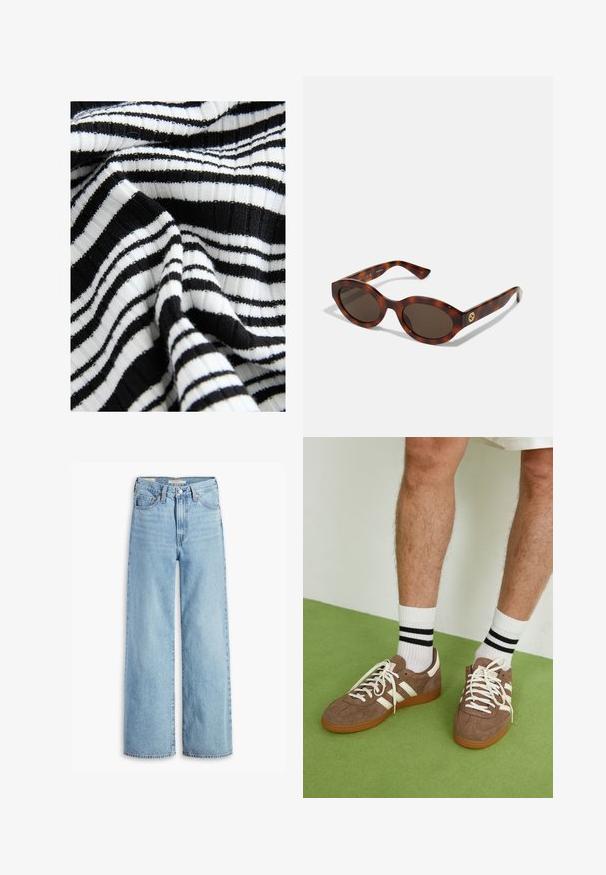 Tessuto a righe bianche e nere con una texture a coste; strisce larghe e strette alternate creano un motivo audace.; Jeans a vita alta, blu chiaro, con gamba larga, chiusura anteriore con bottone e zip, passanti per cintura e stile a cinque tasche.; Sneaker in suede marrone con dettagli e lacci bianchi. Suola in gomma color gomma. Indossati con calzini bianchi con righe nere. Pavimento verde texturizzato.; Occhiali da sole in tartaruga con montatura arrotondata, lenti scure e dettagli in oro sul tempio. Materiale in plastica liscia, senza schemi visibili.; Borsa a tracolla in pelle intrecciata marrone con una forma triangolare morbida. Presenta una maniglia intrecciata e una chiusura con zip lungo la parte superiore.