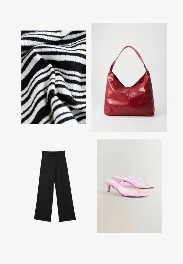 Sort og hvidt stribet stof med en ribbet tekstur; skiftevis brede og smalle striber skaber et dristigt mønster.; Sorte, vide bukser lavet af blødt stof, med en høj, strækbar talje, fuldlængde ben og uden synlige mønstre eller accenter.; Rosa hæle sandaler med en blank finish, der har et thong rem design og en slank metallisk hæl. Glat texture og minimalistisk stil.; Rød læder hobo taske med en blød, tekstureret overflade, en enkelt skulderrem og en rund, slaskende form.