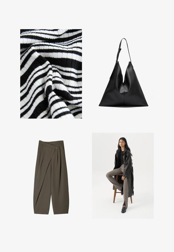 Black and white striped fabric with a ribbed texture; alternating wide and narrow stripes create a bold pattern.; Wide-fit trousers in dark olive green fabric, featuring a pleated front design, a button closure, and a polished, textured surface.; Black leather trench coat with buttons and belt detail, paired with light brown fitted pants and black loafers, seated on a wooden stool.; Black leather triangular handbag with a single adjustable shoulder strap and a soft, slightly slouched structure.; Pilgrim UNFOLD - Necklace - gold