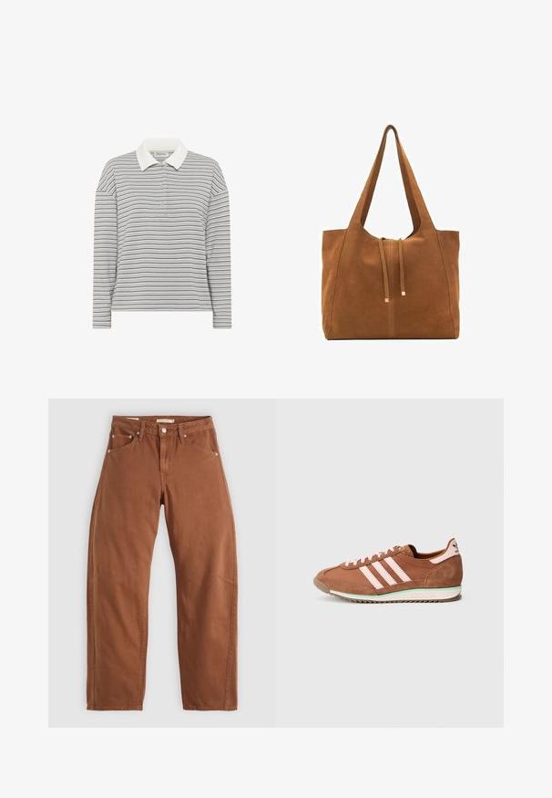 My Essential Wardrobe KLARA - Polo majica - peal blue striped; Traperice ravnog kroja u smešnoj smešnoj smešnoj boji, s prednjim i stražnjim džepovima, metalnim zakovicama, kopčanjem na dugme i petljama za remen, položene ravno na beloj pozadini.; Smeđa i ružičasta Adidas tenisica s antilop detaljima, tri ružičaste pruge sa strane i bijelim đonom sa zelenim naglaskom.; Smeđa antilop torba za ruke s dva duga remena, zatvaranje na vezicu i minimalistički dizajn. Glatka tekstura i bez vidljivih metalnih elemenata.