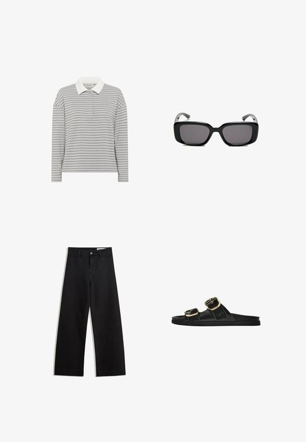 My Essential Wardrobe KLARA - Pikeepaita - peal blue striped; Mustat leveät farkut korkealla vyötäröllä, joissa on etu- ja takataskut, ommellut saumat ja nappisuljenta. Silkinoinen rakenne.; Musta liukusandaali, jossa on kaksi kultaisesta solkesta tehtyä korostusta, sileäpintainen materiaali, litteä pohja ja minimalistinen muotoilu.; Mustat suorakulmaiset aurinkolasit tummilla linsseillä, sileä muovikehys ja kaarevat templet. Suunnittelu on jykevä ja minimalistinen.
