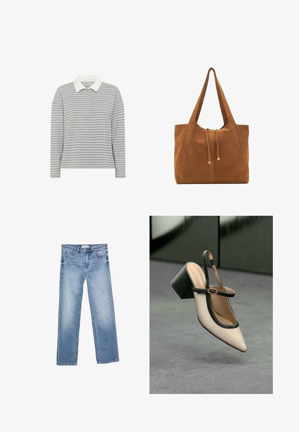 My Essential Wardrobe KLARA - Polo majica - peal blue striped; Ravne traperice plave boje, s izblijeđenim efektom, pet džepova i klasičnim gumbom za kopčanje. Izrađene od pamučne tkanine s upadljivim šavovima.; Bež sandala s visokim potpeticama, otvorenom petom, šiljastim vrhom, crnim rubom i detaljem kopče. Glatki materijal s mat završnom obradom, srednja blok potpetica.; Smeđa antilop torba za ruke s dva duga remena, zatvaranje na vezicu i minimalistički dizajn. Glatka tekstura i bez vidljivih metalnih elemenata.