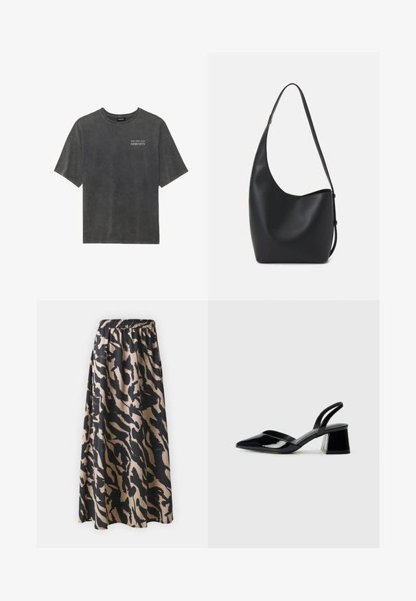 Szara bawełniana koszulka z luźnym krojem, okrągłym dekoltem i krótkimi rękawami. Zawiera napis "DIVE DEEP INTO SERENITY" w białej grafice.; Czarna i beżowa długa spódnica z elastycznym paskiem, z abstrakcyjnym wzorem zwierzęcym i swobodną sylwetką.; Czarne lakierowane półbuty na obcasie z wydłużonym noskiem i geometrycznym słupkiem. Charakteryzują się eleganckim, minimalistycznym designem oraz gładką fakturą.; Czarna skórzana torba hobo o gładkiej fakturze, zaokrąglonym kształcie i pojedynczym, regulowanym pasku; posiada szerokie otwarcie na górze.