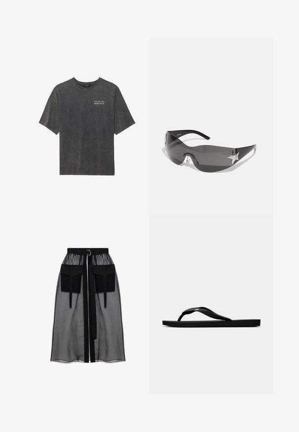 Gray cotton t-shirt with a relaxed fit, round neckline, and short sleeves. Features the text "DIVE DEEP INTO SERENITY" in white graphics.; Black sheer skirt with a gathered waistband, featuring two large front pockets, a waist tie, and a circular metal accent.; Black rubber flip-flop sandal with a textured thong strap and simple flat sole, shown from side on a plain light background.; Black sunglasses with a wrap-around design, dark tinted lenses, shiny star-shaped accents, and adjustable nose pads.; Even&Odd Tote bag - black