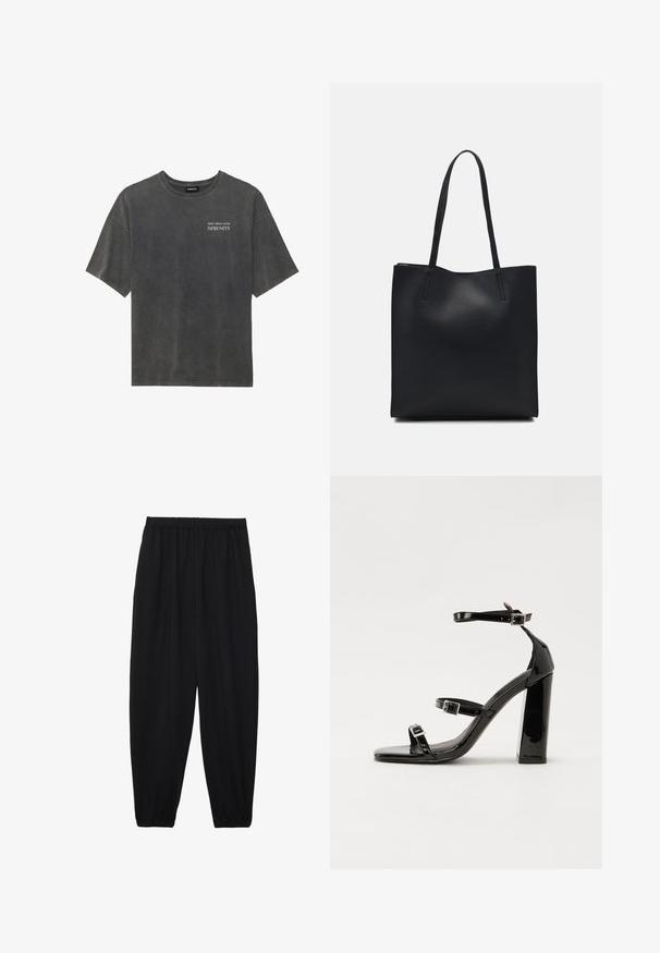 Gray cotton t-shirt with a relaxed fit, round neckline, and short sleeves. Features the text "DIVE DEEP INTO SERENITY" in white graphics.; Black, lightweight pants with an elastic waistband and gathered ankles. The fabric is smooth and features a relaxed, tapered design.; Black patent heeled sandals with a square toe, ankle straps, and silver buckles. Features a chunky block heel for stability.; Black leather tote bag with smooth texture, rectangular shape, and two long handles. No visible hardware or embellishments.