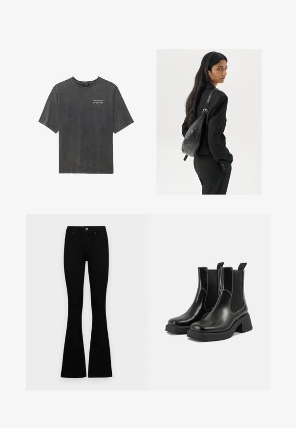 Grijze katoenen t-shirt met een relaxed fit, ronde halslijn en korte mouwen. Bevat de tekst "DUIK DIEP IN DE SERENITEIT" in witte grafische letters.; Zwarte hoge taille jeans met een knoop- en ritssluiting, voorzakken en een flared pijp, plat gelegd op een witte achtergrond.; Zwarte leren Chelsea-boots met een chunky hak, elastische zijpanelen en contrasterende witte stiksels. Gestructureerde afwerking.; Vrouw met lang donker haar in een zwart pak, met een zwart leren schoudertas, die over haar schouder kijkt tegen een witte achtergrond.