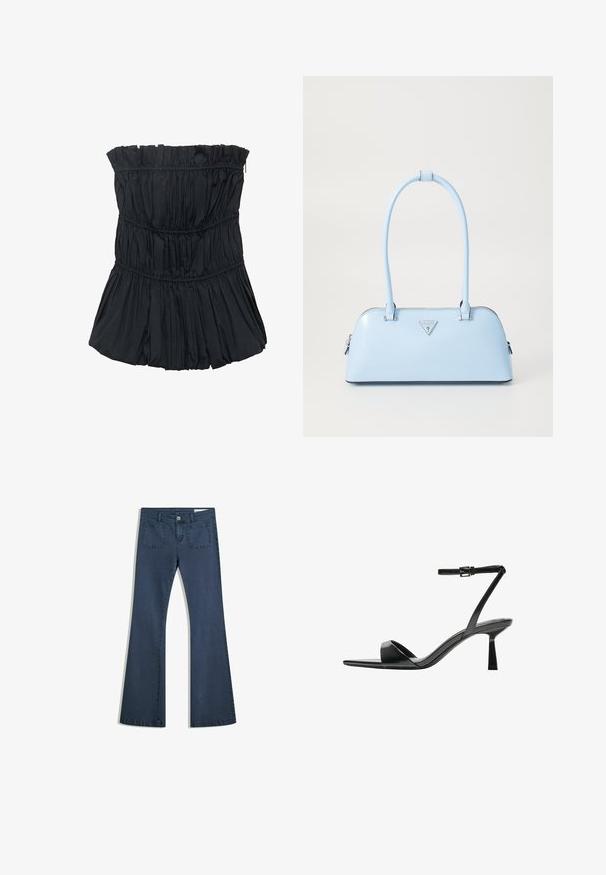 Mustat hihattomat puserot, joissa on kootut tekstuurit, vaakasuorilla saumoilla ja alaosan levenevällä, taitoksilla varustetulla muotoilulla. Tasainen kangasmateriaali.; Tummansiniset leveälahkeiset farkut, joissa on tikatut taskut, nappisuljenta ja sileä pinta. Ominaisuuksiin kuuluu klassinen viiden taskun muotoilu.; Bershka Korolliset sandaalit - black; Vaaleansininen käsilaukku, joka on muotoiltu jämäkästi, valmistettu sileästä nahasta, varustettu kahdella kahvalla ja edessä kolmiomainen brändilogo. Vetoketjukiinnitys.