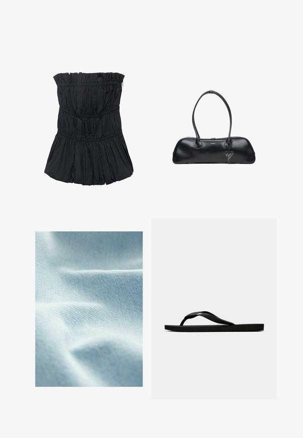 Černý top bez ramínek s nařasenou texturou, obsahující vodorovné švy a rozšířený, zašněrovaný design na spodní části. Hladký materiál.; Světle modrá látka s hladkým povrchem a jemným diagonálním tkaním, vykazující měkké záhyby a subtilní variace ve stínu.; Černé gumové žabky s texturovaným páskem a jednoduchou plochou podrážkou, zobrazené z boku na světlém pozadí.; Černá kožená kabelka s dvěma uchy, oválného tvaru, hladkého povrchu, diskrétní značkou a srdíčkovým štítkem připevněným.
