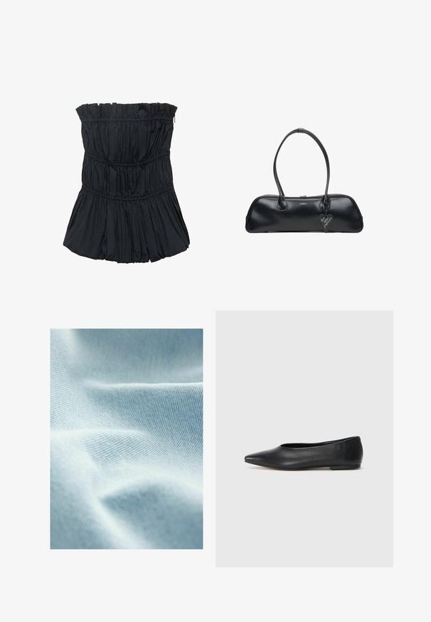 Black strapless top with gathered texture, featuring horizontal seams and a flared, pleated design at the bottom. Smooth fabric material.; Light blue fabric with a smooth texture and fine diagonal weave, showing soft folds and subtle variations in shade.; Black leather ballet flat, pointed toe, minimalistic design, smooth texture, low-profile heel, no visible hardware or embellishments.; Black leather handbag with two handles, oval shape, smooth texture, subtle branding, and a heart-shaped tag attached.