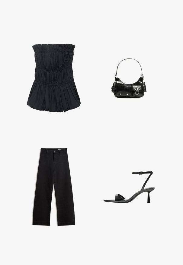 Črn brezramni top z nabranimi teksturami, ki ima vodoravne šive in širok, naborkan dizajn na dnu. Gladek material.; Črne široke denim hlače z visokim pasom, ki imajo sprednje in zadnje žepe, šivane šive ter gumbasto zapiranje. Gladka tekstura.; Bershka Sandali z visoko peto - black; Črna lakasta usnjena torbica s ukrivljeno obliko, enim ramenskim trakom, sprednjimi žepi in srebrnimi kovinskimi dodatki.