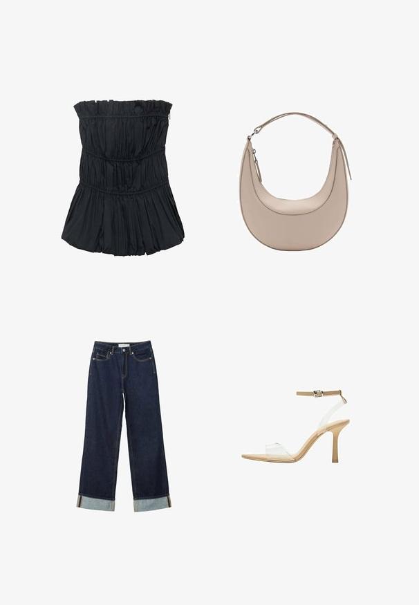Črn brezramni top z nabranimi teksturami, ki ima vodoravne šive in širok, naborkan dizajn na dnu. Gladek material.; Temno modri široki jeans z visokim pasom, s zavitimi manšetami, kontrastnim šivanjem in dizajnom s petimi žepi. Narejeni iz jeansa.; Sandal z jasnim petnikom s prozornim zgornjim delom, bež podplatom in sivim trakcem okoli gležnja. Ima koničast nos in tanek visoki petek.; Bež usnjena torba za rame v obliki kružnice, z gladko teksturo in eno ukrivljeno zanko. Ima zadrgo in urejen šiv.