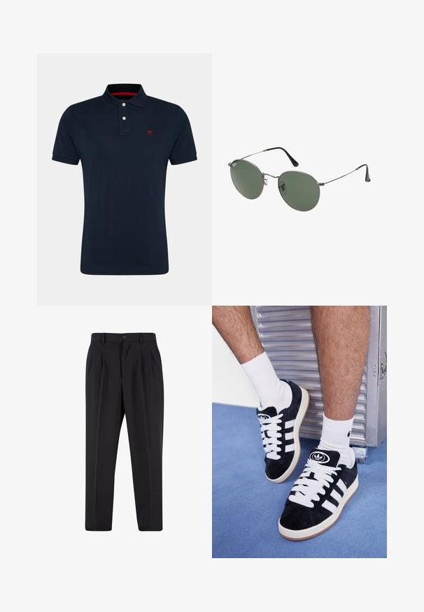 Tengerészkék pólóing klasszikus gallérral, rövid ujjakkal, három gombos nyakkal, és piros hímzett logóval a mellkasán. Puha pamutanyag.; Fekete nadrág, pliszézett elejű dizájnnal, sima anyagból készült. Gombos záródás és övhurkok jellemzik; egyenes szabású.; Fekete velúr sportcipők fehér fűzőkkel és három fehér csíkkal. A nyelvén egy kör alakú fekete logó található, valamint egy gumis talp.; Fémkeretes napszemüveg ovális zöld lencsékkel. Vékony ezüst színű fémkeret és fekete fülrész. Minimalista dizájn, látható logók nélkül.