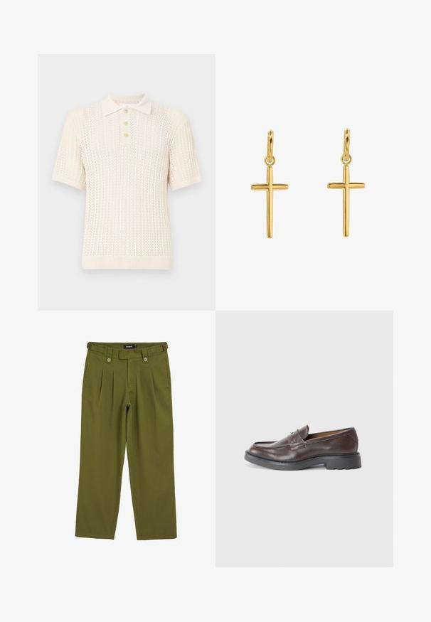 Polo a maniche corte di colore crema chiaro, con un motivo a maglia testurizzata, colletto a costine e patta con quattro bottoni.; Pantaloni plissettati verde oliva con taglio dritto. Presentano due bottoni frontali, passanti per cintura e un tessuto dalla superficie liscia.; Mocassini in pelle marrone con finitura liscia, punta arrotondata, cuciture minime e suola spessa in gomma nera. Nessun hardware o accenti visibili.; Orecchini a croce in oro con una finitura liscia e un gancio appeso, caratterizzati da un design semplice e allungato. Ogni croce è uniforme in dimensione.