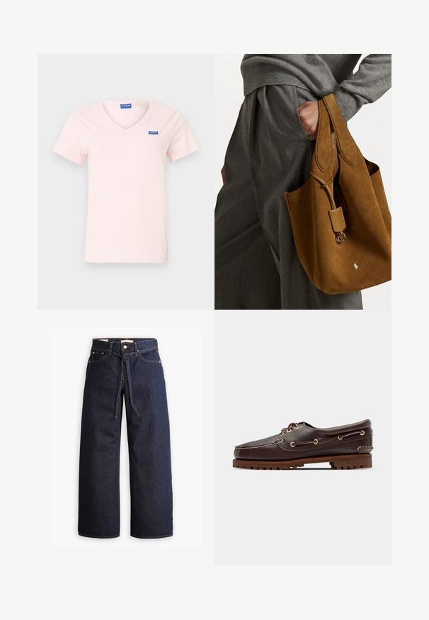 Light pink cotton T-shirt with a V-neck, short sleeves, and a blue logo patch on the left chest. Simple, solid design.; Wide-leg dark blue denim jeans with a high waist, featuring a drawstring tie, five pockets, and contrasting stitching details.; Brown leather boat shoe with gold eyelets, round laces, and a textured brown rubber sole. Features stitched detailing and a raised logo.; Brown suede tote bag with rounded shape, dual handles, and a metal hardware accent. Features a small logo on the front.