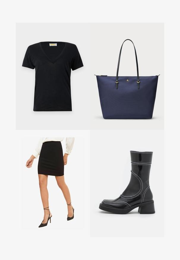 Schwarzes V-Ausschnitt-T-Shirt aus weichem, leichtem Stoff. Kurze Ärmel und ein schlichtes Design ohne Muster oder Akzente.; Schwarzer taillierter Minirock aus glattem Material, mit mittelhohem Bund, kombiniert mit schwarzen spitzen High Heels mit Knöchelriemen.; Schwarze Lackleder-Ankle Boots mit weißen Nähten, abgerundeter Zehe und Blockabsatz. Besitzt geschwungene Designlinien und eine glatte Textur.; Dunkelblaues Tragetasche aus strukturiertem Stoff, mit schwarzen Ledergriffen und goldenen Hardware-Details. Reißverschlussverschluss an der Oberseite.