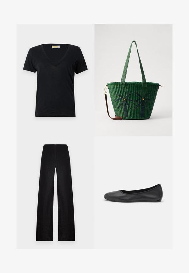Schwarzes V-Ausschnitt-T-Shirt aus weichem, leichtem Stoff. Kurze Ärmel und ein schlichtes Design ohne Muster oder Akzente.; Schwarze, weit geschnittene Hosen aus leichtem Stoff. Merkmale sind eine hohe Taille, eine glatte Textur und klare Linien ohne Taschen oder Verzierungen.; Schwarze Leder-Ballettschuhe mit abgerundeter Spitze, glatter Textur, minimalen Nähdetails und einem flexiblen Sohlen-Design.; Grüne geflochtene Tragetasche mit Palmbaumdesigns in dunklerem Grün; mit zwei Griffen und einem abnehmbaren braunen Ledertragegurt.