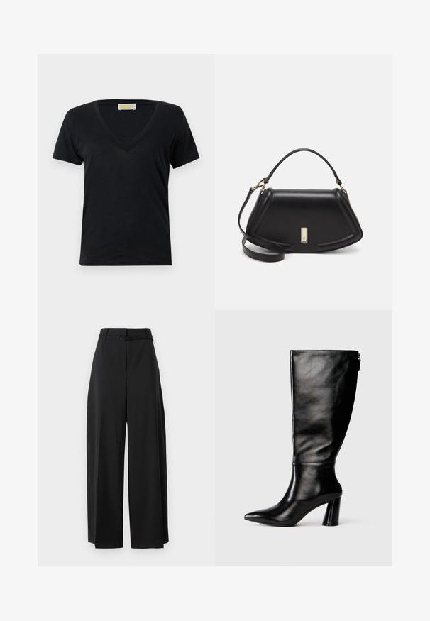 Schwarzes V-Ausschnitt-T-Shirt aus weichem, leichtem Stoff. Kurze Ärmel und ein schlichtes Design ohne Muster oder Akzente.; Schwarze weite Hose mit hohem Bund und Gurt. Sie hat eine glatte Textur und klare Linien und ist für eine lockere Passform konzipiert.; Knöchelhohe schwarze Lederstiefel mit einer spitzen Zehe, glatter Oberfläche und einem klobigen Absatz. Verfügt über einen Reißverschluss hinten.; Schwarze Lederhandtasche mit einem strukturierten Design, das eine verkürzte Form, einen oberen Griff und goldfarbene Hardware-Details aufweist. Verstellbarer Schulterriemen ist enthalten.