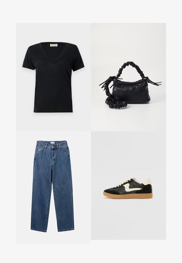 Camiseta negra de cuello en V, hecha de una tela suave y ligera. Mangas cortas y un diseño simple sin patrones ni acentos.; Jeans de mezclilla azul clásico con un diseño de pierna recta, cinco bolsillos y cierre de botón. Presenta un lavado medio y una textura resistente.; Zapatillas de deporte de ante y cuero negro con un swoosh lateral en crema y un talón en crema claro. Presenta cordones beige y una suela de goma marrón.; Bolso de mano de imitación cuero negro con textura de cocodrilo, parte superior fruncida y correa arrugada. Presenta un diseño suave y compacto.