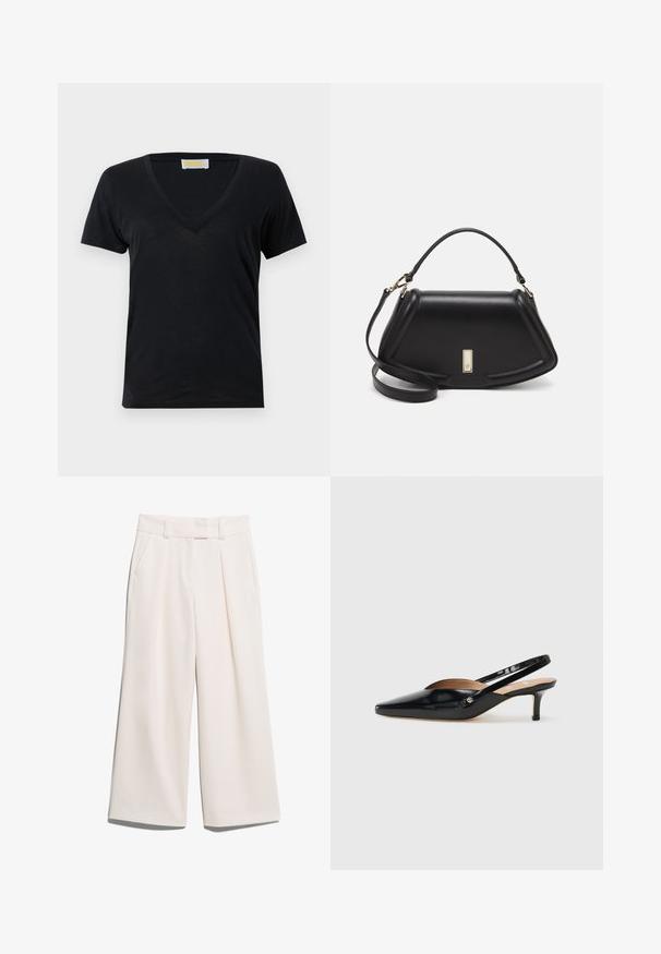 Czarny t-shirt z dekoltem w serek, wykonany z miękkiego, lekkiego materiału. Krótkie rękawy i prosty design bez wzorów i akcentów.; Spodnie o szerokich nogawkach w jasnym kolorze kremowym, wykonane z gładkiego materiału, z dwiema przednimi kieszeniami i widocznym szwem na pasku.; Czarne lakierowane szpilki slingback o spiczastym nosku, z małym obcasem i wycięciem na wierzchu. Złote akcenty na boku.; Czarna skórzana torebka o strukturalnym designie, z przyciętą formą, górnym uchwytem i złotymi akcentami. W zestawie regulowany pasek na ramię.