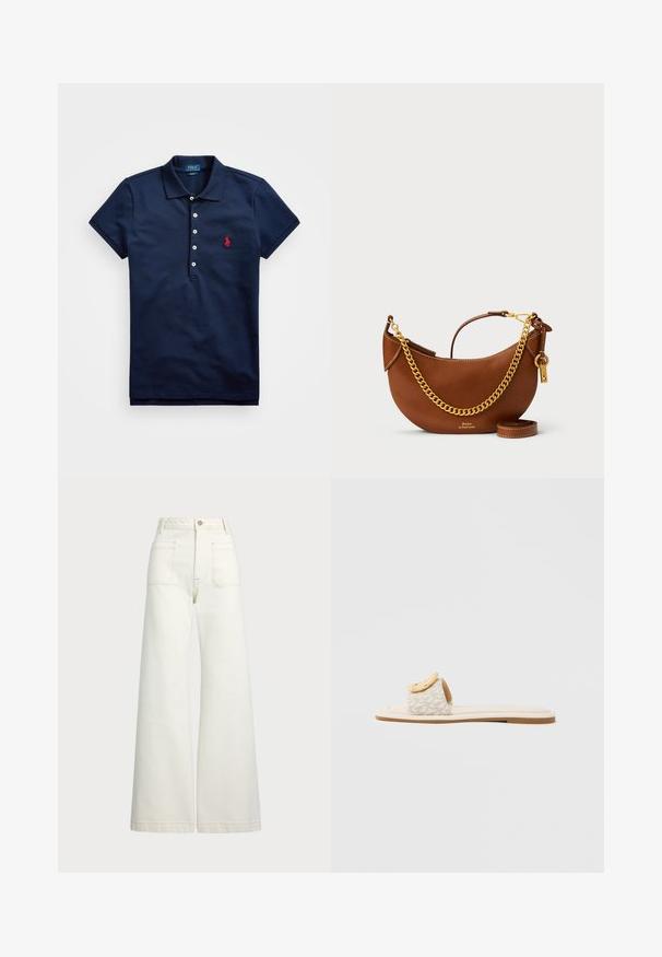 Námořnická modrá polo košile z bavlny s krátkými rukávy, s knoflíkovou légou na tři knoflíky a červeným vyšitým logem na levé hrudi.; Džíny s širokými nohavicemi v off-white denim. Vysoký pas s knoflíkovým zapínáním, dvě přední kapsy a detaily kontrastního šití.; Pantofle na podrážce s béžovým páskem s geometrickým vzorem, zaobleným žlutým detailem na vrchní části a plochou světlou podrážkou.; Hnědá kožená kabelka s zakřiveným designem, zlatým řetízkem, vnitřní kapsou a odnímatelným ramenním popruhem. Obsahuje kontrastní prošívání.