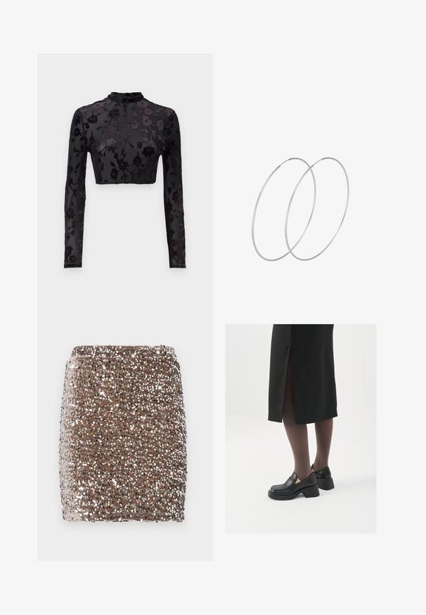 Juodas ilgomis rankovėmis trumpas viršus su aukštu kaklu, puoštas gėlių veliūro raštu permatomoje medžiagoje, akcentuojantis įmantrius detalizavimus ir tekstūrą.; Ruda mini sijonas su blizgučiais, prigludusio dizaino, padengtas atspindinčiais sidabro blizgučiais, sukuriantis tekstūrinį, blizgantį efektą.; Juodos odinės bateliai su apvaliu nosiu, stora blokine pakulne ir elastingais šonais, derinami su tamsiomis pėdkelnėmis ir juoda sijonu su plyšiu.; Sidabrinės pusmėnulio auskarai minimalistiniu dizainu. Apskritimo forma, lygus paviršius ir plonas profilis. Lengvi su poliruotu apdailu.