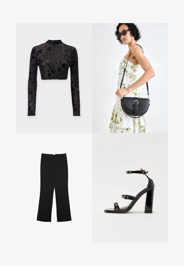 Čierny dlhý rukáv crop top s vysokým golierom, zdobený kvetinovým zamatovým vzorom na priesvitnom materiáli, ktorý zdôrazňuje zložitú detailnosť a textúru.; Čierne nohavice so strihom rovného strihu, s prednými vreckami a bočnými rozparkami na leme. Vyrobené z mäkkej, hladkej tkaniny. Vhodné na rôzne príležitosti.; Čierne lakované sandále na vysokom opätku s dvoma prackami, štvorcovou špičkou a hrubým blokovým opätkom, s hladkou, lesklou textúrou.; Čierna kožená kabelka s zaobleným tvarom, odnímateľným popruhom a zlatými doplnkami. Kabelka má klopu s detailom s prackou.