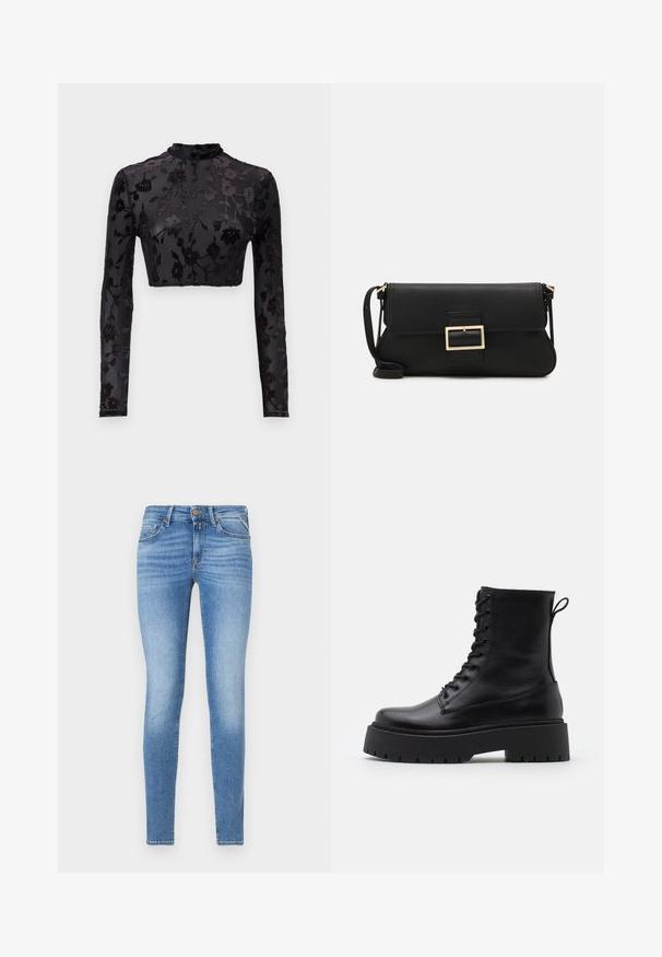 Zwarte langmouwen crop top met hoge hals, voorzien van een bloemenvelvetpatroon op doorschijnende stof, dat de ingewikkelde details en textuur benadrukt.; Slim-fit lichtblauwe spijkerbroeken met een middelhoge taille, vooraan met knoopsluiting en een vijf-pocket ontwerp.; Zwarte leren enkelboots met een ronde neus, vetersluiting aan de voorkant en een dikke rubberen zool met een gestructureerd profiel. Trekbandje aan de achterkant.; Zwarte leren clutch met een klep en een gouden metalen sluiting. Inclusief een zwarte schouderband en een slank, minimalistisch ontwerp.; Gouden creolen met een gladde, glanzende afwerking. Circulaire vormgeving met een kleine post en een doorzichtige achterkant voor een veilige draagervaring.