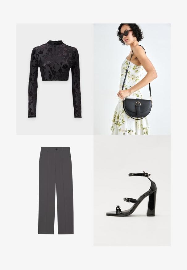 Melna garām piedurknēm cropped tops ar augstu kaklu, kam ir ziedu samta raksts caurspīdīgā audumā, izceļot sarežģītu apdari un tekstūru.; Pelēki bikses ar taisnu kāju dizainu, kurām ir divas sānu kabatas un pogu aizdare. Gluda, bez redzamām rakstu vai akcentu. ; Melnas lakotas augstpapēžu čības ar kvadrāta purngalu, potīšu siksniņām un sudraba sprādzēm. Aprīkotas ar masīvu bloku papēdi stabilitātei.; Melnas ādas rokassoma ar izliekta formu, noņemamu siksnu un zelta aksesuāriem. Somai ir vāciņš ar sprādzes detaļu.