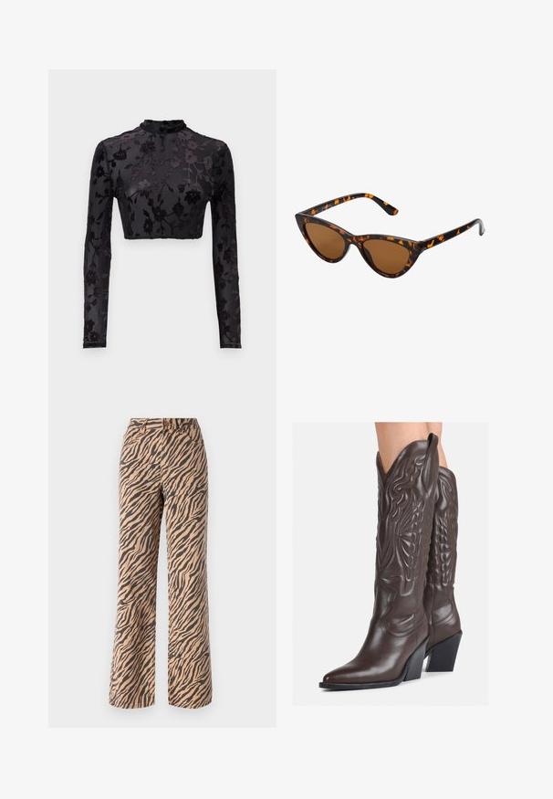 Čierny dlhý rukáv crop top s vysokým golierom, zdobený kvetinovým zamatovým vzorom na priesvitnom materiáli, ktorý zdôrazňuje zložitú detailnosť a textúru.; Široké nohavice s tigrovým pruhom v odtieňoch hnedej a čiernej, s klasickým pásom a dizajnom s piatimi vreckami.; Hnedé kožené kovbojské topánky s špicatou špičkou a blokovým podrážkou, so zložitým prešívaním a vyvýšenými akcentmi na puzdre.; Mačacie slnečné okuliare s čiernym a oranžovým želvovinovým rámom, hnedými sklami a elegantnými, špicatými koncami. Obsahujú minimalistické logo na spánku.