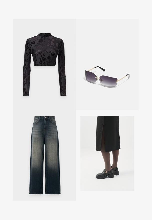 Črna dolgoračna majica s kratkim krojem in visokim ovratnikom, ki vsebuje cvetlični žameten vzorec na prozornem materialu, kar poudarja zapletene detajle in teksturo.; Široke kavbojke v temnem džinsu, z izginjajočim prehodom od temne do svetle, s petimi žepi in kontrastnim šivanjem.; Črne usnjene čevlje s zaobljenim prstom, debelim blokastim petama in elastičnimi stranskimi detajli, v kombinaciji s temno nogavicami in črno krilo z razporkom.; Sončne očala s sivo naravnanimi lečami, zlatim kovinskim okvirjem in črnimi plastičnimi detajli. Edinstvene leče v obliki metulja z tankimi ročaji.
