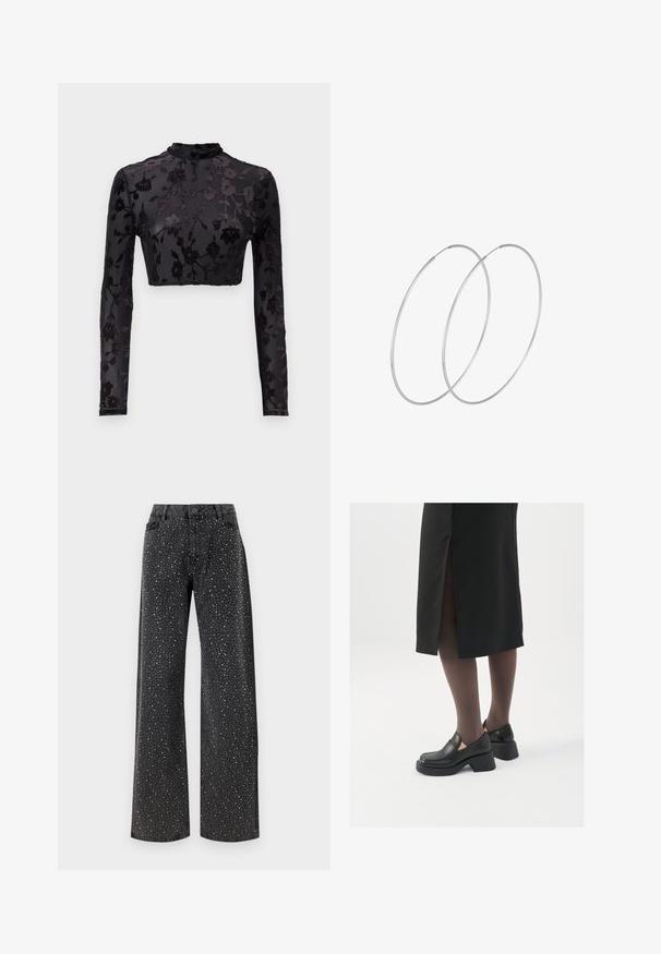 Crna dugog rukava kratka majica s visokom vratnom izrezom, s cvjetnim baršunastim uzorkom na prozirnom materijalu, ističući složene detalje i teksturu.; Noisy May NMJANNEL LOOSE - Traperice opuštenog kroja - black denim; Crne kožne cipele s zaobljenim vrhom, debelim blok petama i elastičnim bočnim detaljima, uparene s tamnim čarapama i crnom suknjom s prorezom.; Srebrne okrugle naušnice s minimalističkim dizajnom. Kružni oblik, glatka tekstura i tanak profil. Lagane s poliranim završetkom.
