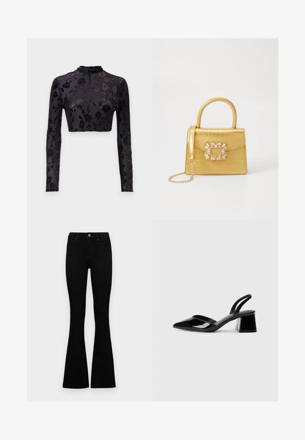 Top scurt negru cu mânecă lungă și guler înalt, având un model floral din catifea pe un material transparent, evidențiind detalii și textură intricate.; Jeans negri cu talie înaltă, cu închidere prin nasture și fermoar, buzunare frontale și picioare evazate, așezați pe un fundal alb.; Pantofi cu toc slingback din piele lacuită neagră, cu vârf ascuțit și toc geometric. Prezintă un design elegant, minimalist și o textură netedă.; Geantă galbenă din faux-crocodil cu un design structurat, mână superioară, curea detașabilă cu lanț și embellisment decorativ cu cristale pe închidere.