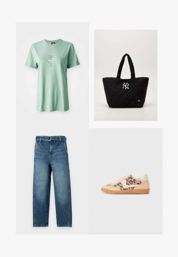 Šviesiai žalia medvilnė t-shirt su trumpomis sukamuose rankovėmis, su centriniu piešiniu, vaizduojančiu augalą apvalioje vazone, logotipas apatinėje priekinėje dalyje.; Mėlynos džinsinės kelnės su aukštu juosmeniu, plačiomis kojomis ir diržo kilpa su metaliniu žiedu. Audinyje matomi nudilimo ir subtilios šviesinimo detalės.; Leopardų rašto sportiniai batai su smėlio spalvos zomšiniu viršumi, rusvu guminiu padu ir baltais akcentais. Apvalus nosis ir raištelių užsegimas su tekstūruotu paviršiumi.; Juodai siūtas quilted rankinė su dvigubomis rankenėlėmis, su baltu Niujorko "Yankees" logotipu ir mažyčiu prekės ženklo emblemu šone.