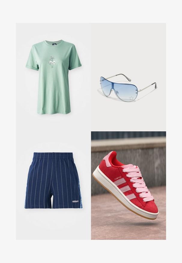 Gaiši zaļš kokvilnas T-krekls ar īsām ruļļveida piedurknēm, ar centrālu grafiku, kurā attēlots augs apļveidīgā podā, logotips apakšā priekšpusē.; Jūras zila šorti ar baltām svītrām, elastīgu jostu un Adidas logo. Sānos ir zilas akcenti, izgatavoti no kokvilnas maisījuma materiāla.; Sarkanie zamšas sporta apavi ar rozā akcentiem, tiem ir trīs baltas svītras un gaiši rozā auklas. Balta starpsole un gumijas zole.; Pilotstila saulesbrilles ar gradienta zilām lēcām, sudraba metāla rāmjiem un dekoratīvām zvaigžņu akcentiem uz lēcām. Gluda un eleganta dizaina.