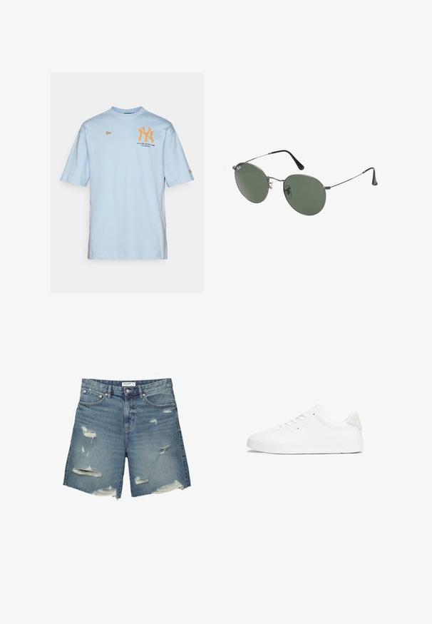 Jasnoniebieska bawełniana koszulka z krótkim rękawem, z pomarańczowym logo "NY" i napisem "Established 1903" z przodu.; Jeansowe szorty w jasnoniebieskim kolorze z postrzępionymi łatami. Posiadają standardowy pas, długość do kolan oraz postrzępione krawędzie.; Białe sneakersy z gładkiej skórzanej cholewki, okrągłym noskiem, płaską podeszwą i minimalistycznym designem. Posiadają subtelną markę i beżowy akcent na pięcie.; Okulary przeciwsłoneczne z metalową ramą i owalnymi zielonymi soczewkami. Cienka srebrna metalowa rama i czarne końcówki zauszników. Minimalistyczny design, bez widocznych logo.