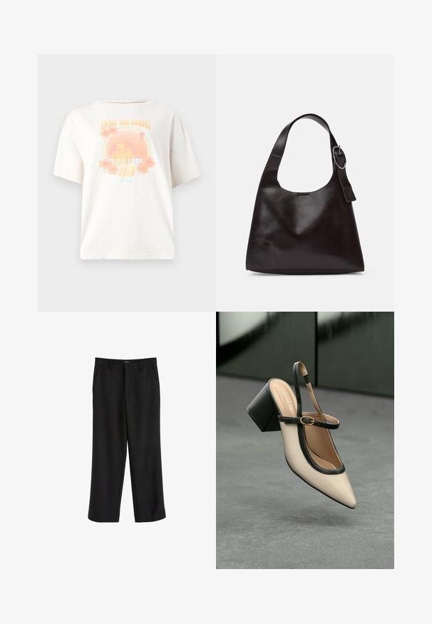 White cotton t-shirt with short sleeves, featuring a colorful graphic design with sunset, palm trees, and flowers, labeled "Enjoy the Sunset 1913."; Black trousers with a smooth fabric, straight leg design, and flat front pockets. Features a waistband with belt loops. No visible patterns.; Beige pointed-toe slingback shoe with black trim, gold buckle, and a chunky block heel on gray floor with dark green background.; Brown leather shoulder bag with a smooth texture, rounded shape, wide strap, and circular metallic accent on the handle.