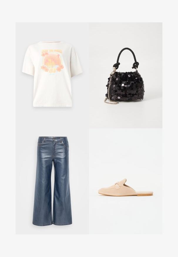 Tricou alb din bumbac cu mâneci scurte, având un design grafic colorat cu un apus de soare, palmieri și flori, etichetat "Bucură-te de Apus 1913."; Pantaloni din denim cu picioare largi, de culoare albastru închis, având o textură fină, design cu cinci buzunare și cusături contrastante. Închidere frontală cu buton și fermoar.; Loafers din suede bej, slip-on, cu vârf închis, având un detaliu decorativ sub formă de cataramă și o talpă plată din plută. Textură netedă cu un design minimalist.; Geantă mini neagră cu paiete, cu un umar texturat înnodat și un lanț argintiu. Formă rotundă cu partea de sus adunată și detalii reflectorizante.