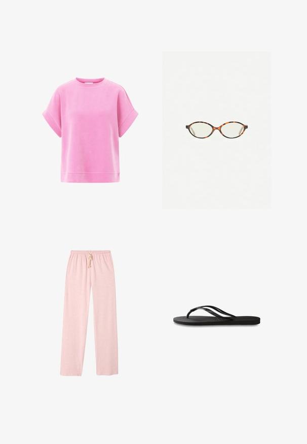Růžová mikina s krátkým rukávem vyrobená z bavlny a polyesteru, s kulatým výstřihem, volnějším střihem a hladkou texturou. Jednoduchý design bez vzorů a kovových prvků.; Svetle růžové bavlněné kalhoty na volný čas s volným střihem, elastickým pasem a detaily na šňůrku. Hladká textura, celoprůhledný design.; Černé žabky s texturovanou gumovou podrážkou, dvěma štíhlými popruhy a jemným, embosovaným logem na popruhu.; Želvovinové brýle s oválnými čočkami a hladkým, jemným povrchem. Má tenké bočnice s jemným zakřivením v chrámcích. Čiré čočky.; Bílý hedvábný šátek se opakujícím se černým geometrickým vzorem, lemovaný pevným černým okrajem. Lehký s hladkým povrchem.