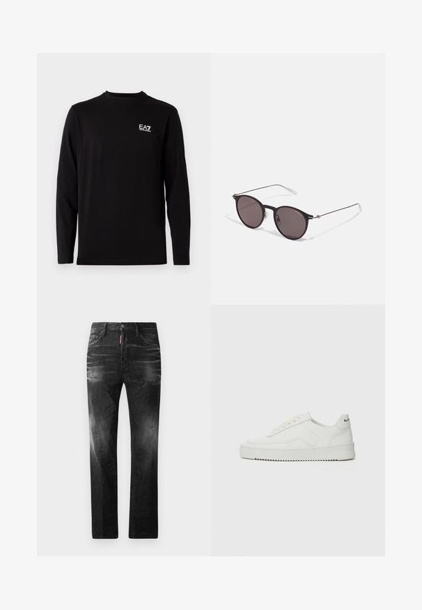 Svart långärmad skjorta i mjukt tyg. Har en liten vit logotyp på vänster bröstområde. Enkel, rund halsringning och rak passform.; Svarta denimjeans med rak passform. Har blekta områden, mindre slitningar, klassisk femficksdesign och knäppning med knapp.; Vita lädersneakers med en jämn yta, rund tå, platta snörningar och en strukturerad sula. Har en diskret logotyp på hälen.; Svarta runda solglasögon med mörka linser och smala metallarmar. Inkluderar klara tempeltips och silverdetaljer vid gångjärnet. Minimalistisk design.