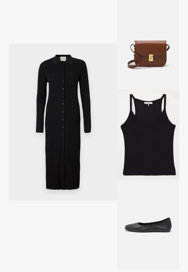 FRAME CUTAWAY TANK - Felső - black; Fekete bordás kötött ruha hosszú ujjakkal, gallérral és gombos előlappal. Az anyag textúrázott felületű, függőleges vonalakkal.; Fekete bőr balettcipő lekerekített orral, sima tekstúrával, minimális varrással és rugalmas talp kialakítással.; Barna bőr kézitáska, hajtókás zárással, arany színű fém kiegészítőkkel, vállpánttal és sima felülettel. Kompakt téglalap alakú.