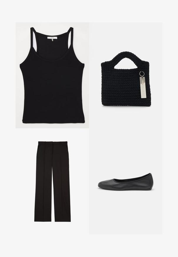 FRAME CUTAWAY TANK - Top - black; Sorte skræddersyede bukser lavet af et glat stof, med et lige ben-design og to sidelommer. Elegant og minimalistisk konstruktion.; Sort læderballetsko med rund tå, glat tekstur, minimal syning og et fleksibelt såldesign.; Won Hundred MARSIELLE COMPUTER BAG UNISEX - Computertasker - black